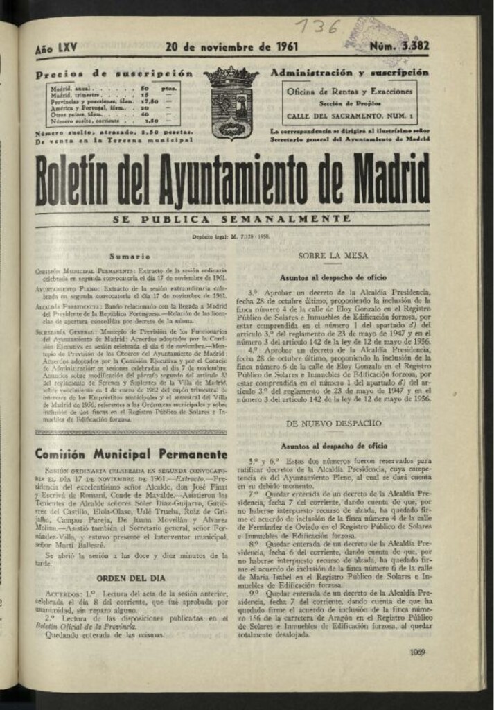 Miniatura de Boletín oficial del Ayuntamiento del 20 de noviembre de 1961, nº 3382