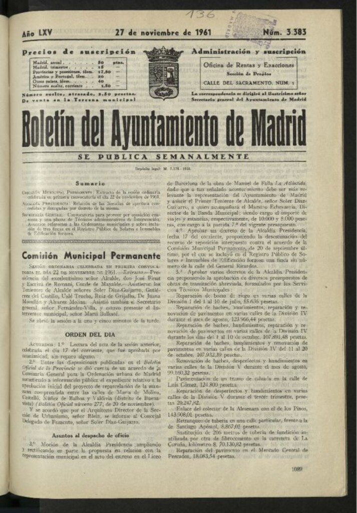 Miniatura de Boletín oficial del Ayuntamiento del 27 de noviembre de 1961, nº 3383