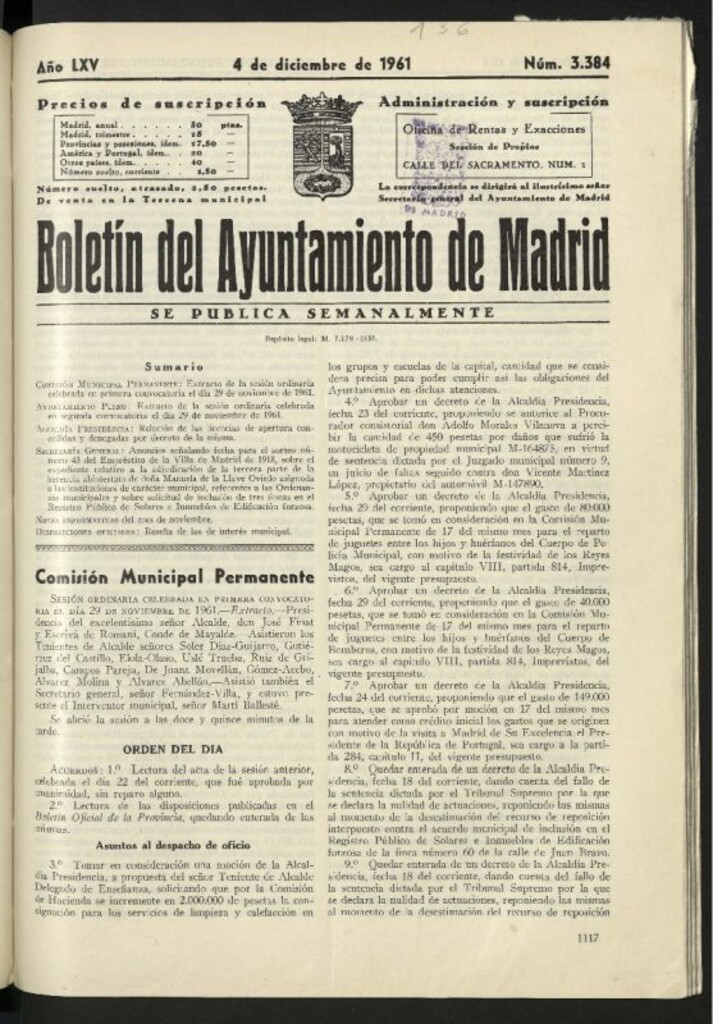 Miniatura de Boletín oficial del Ayuntamiento del 4 de diciembre de 1961, nº 3384