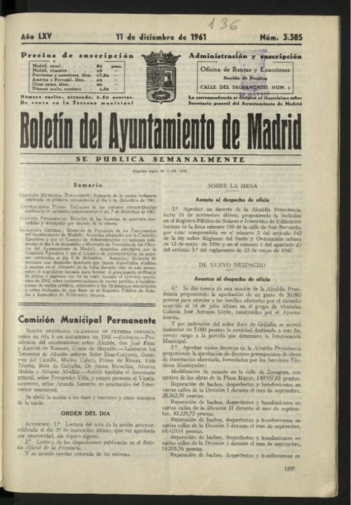 Miniatura de Boletín oficial del Ayuntamiento del 11 de diciembre de 1961, nº 3385