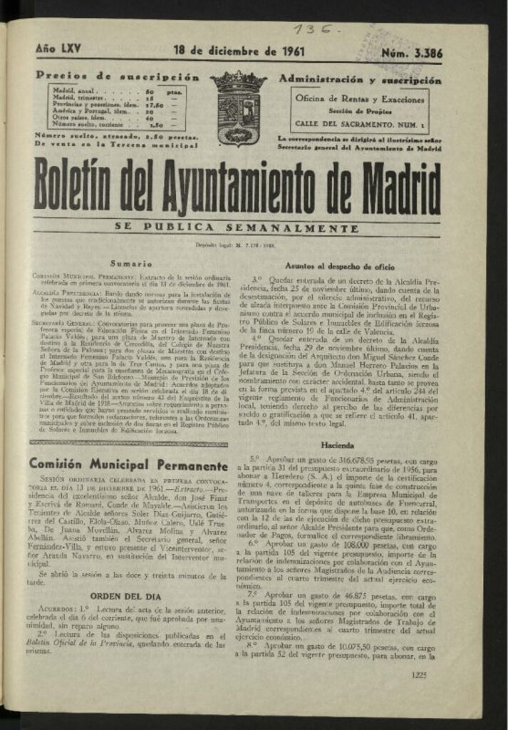 Miniatura de Boletín oficial del Ayuntamiento del 18 de diciembre de 1961, nº 3386