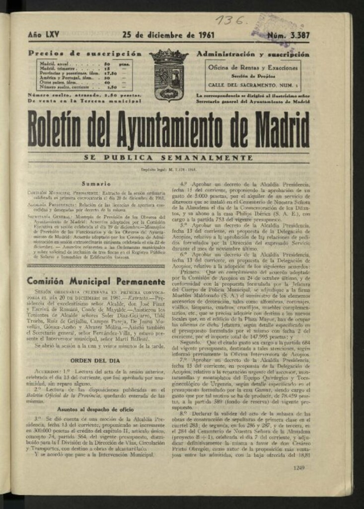 Miniatura de Boletín oficial del Ayuntamiento del 25 de diciembre de 1961, nº 3387