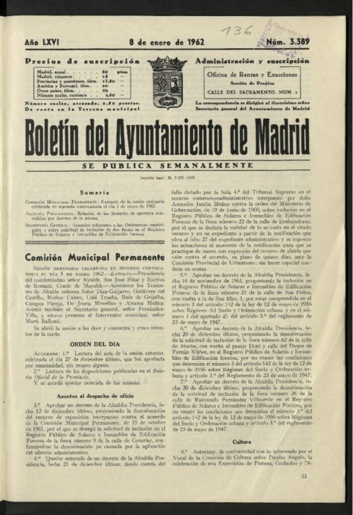 Miniatura de Boletín oficial del Ayuntamiento del 8 de enero de 1962, nº 3389