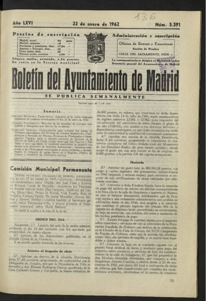 Miniatura de Boletín oficial del Ayuntamiento del 22 de enero de 1962, nº 3391