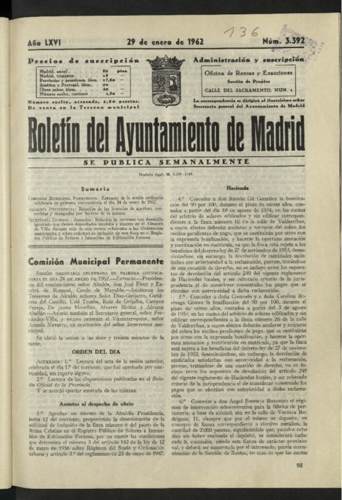 Miniatura de Boletín oficial del Ayuntamiento del 29 de enero de 1962, nº 3392