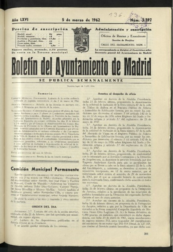 Miniatura de Boletín oficial del Ayuntamiento del 5 de marzo de 1962, nº 3397