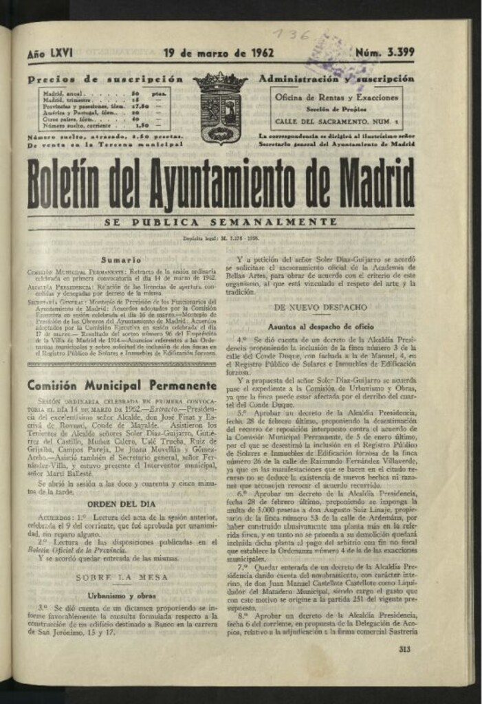 Miniatura de Boletín oficial del Ayuntamiento del 19 de marzo de 1962, nº 3399
