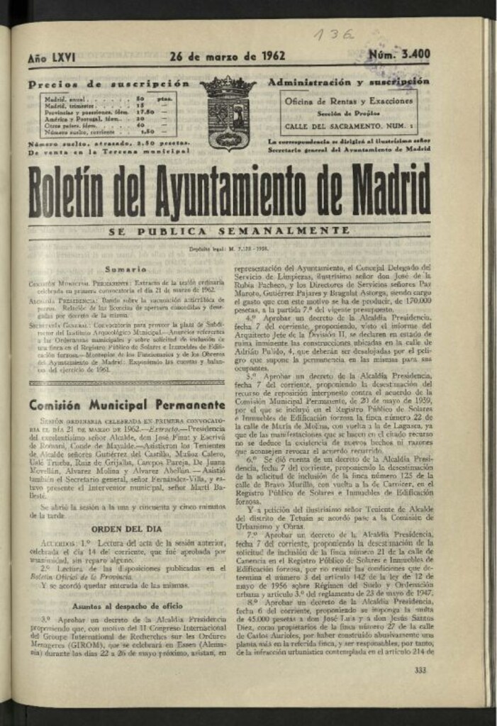 Miniatura de Boletín oficial del Ayuntamiento del 26 de marzo de 1962, nº 3400