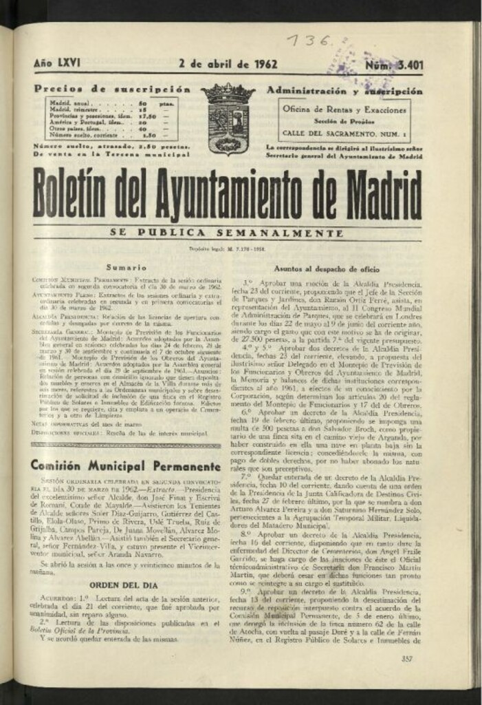 Miniatura de Boletín oficial del Ayuntamiento del 2 de abril de 1962, nº 3401