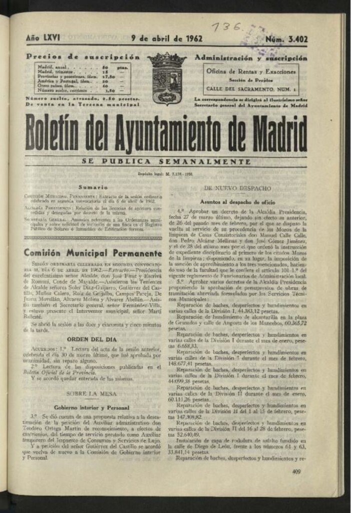 Miniatura de Boletín oficial del Ayuntamiento del 9 de abril de 1962, nº 3402