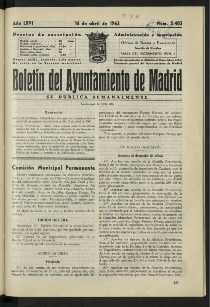 Miniatura de Boletín oficial del Ayuntamiento del 16 de abril de 1962, nº 3403