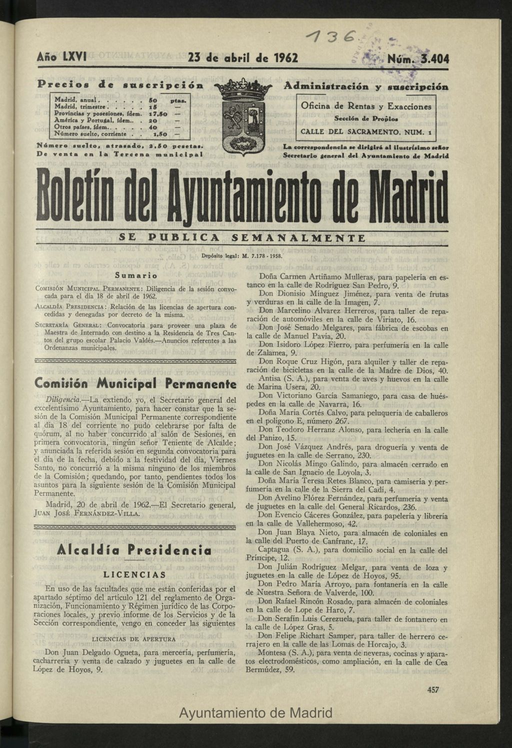 Miniatura de Boletín oficial del Ayuntamiento del 23 de abril de 1962, nº 3404