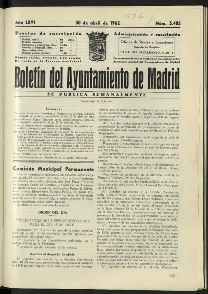 Miniatura de Boletín oficial del Ayuntamiento del 30 de abril de 1962, nº 3405