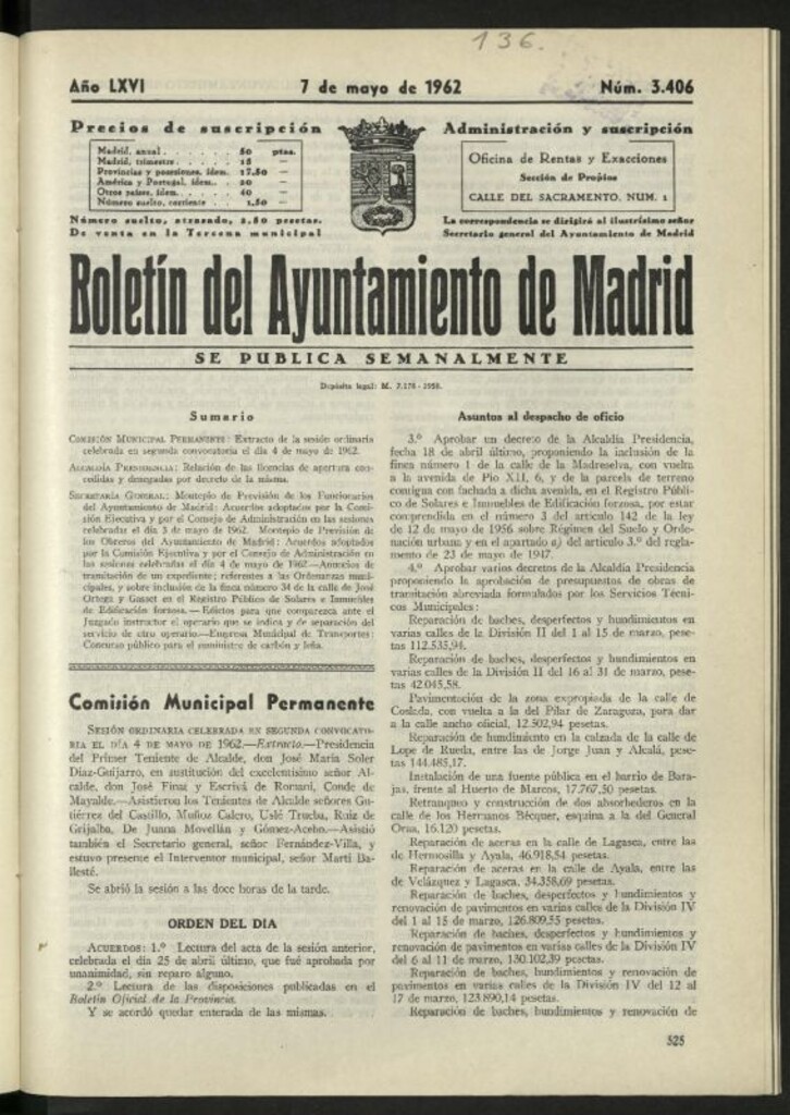 Miniatura de Boletín oficial del Ayuntamiento del 7 de mayo de 1962, nº 3406