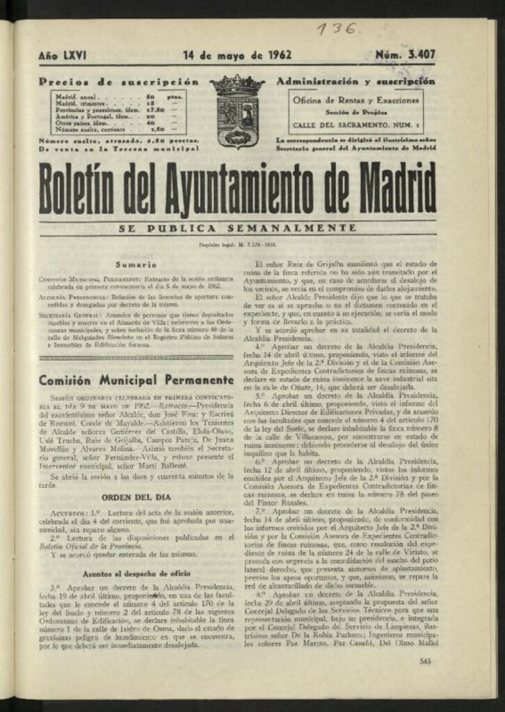 Miniatura de Boletín oficial del Ayuntamiento del 14 de mayo de 1962, nº 3407