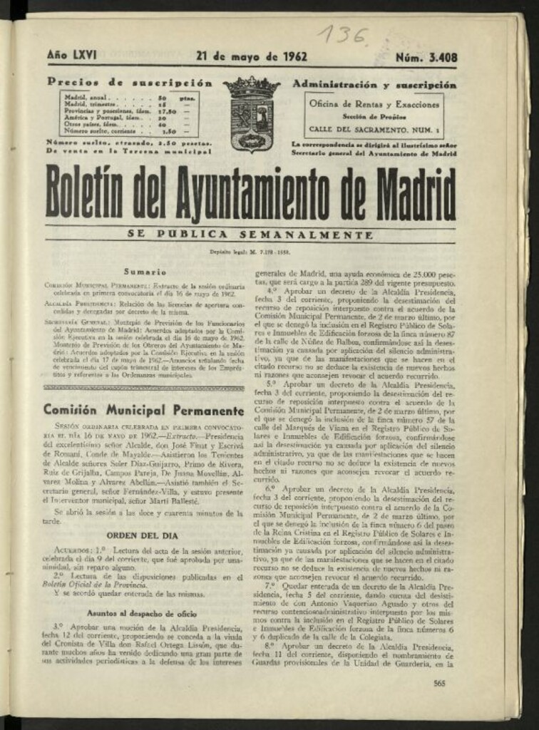 Miniatura de Boletín oficial del Ayuntamiento del 21 de mayo de 1962, nº 3408
