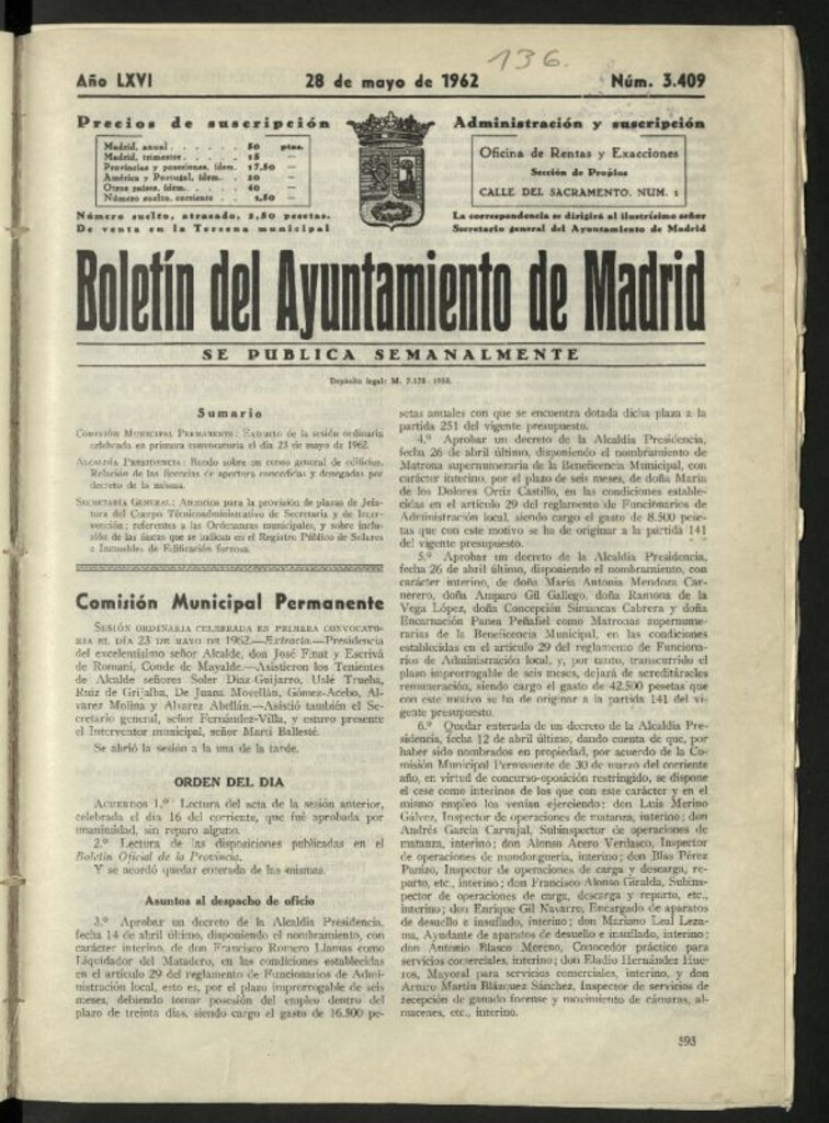 Miniatura de Boletín oficial del Ayuntamiento del 28 de mayo de 1962, nº 3409
