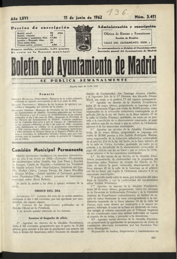 Miniatura de Boletín oficial del Ayuntamiento del 11 de junio de 1962, nº 3411