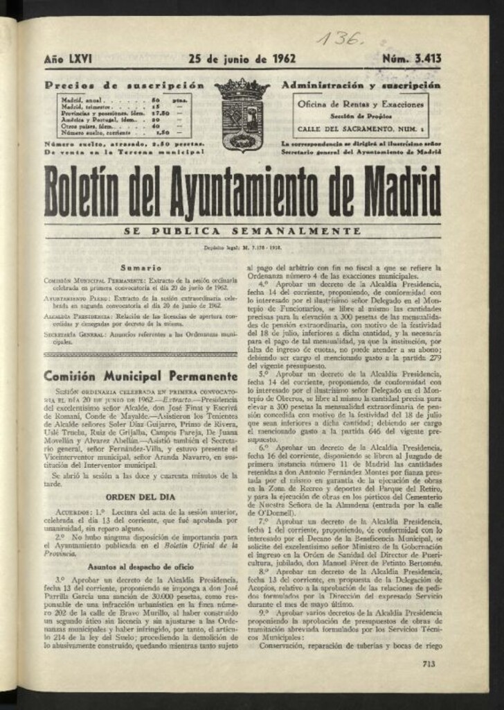 Miniatura de Boletín oficial del Ayuntamiento del 25 de junio de 1962, nº 3413