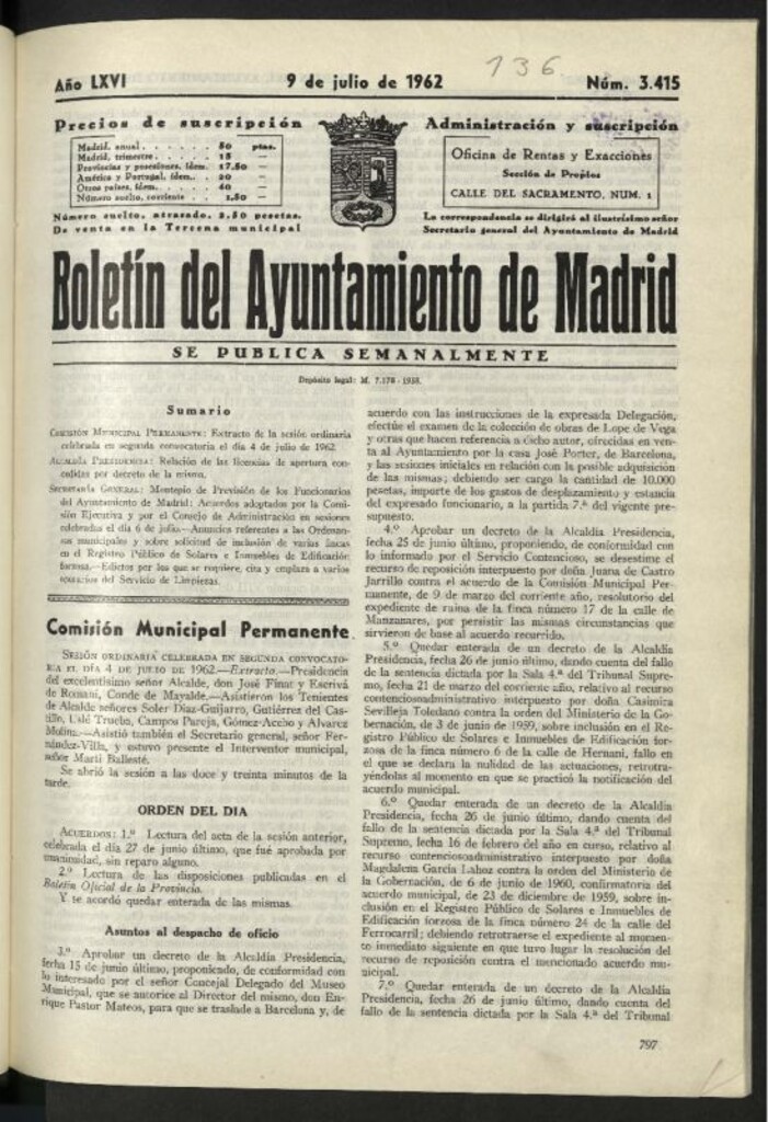 Miniatura de Boletín oficial del Ayuntamiento del 9 de julio de 1962, nº 3415