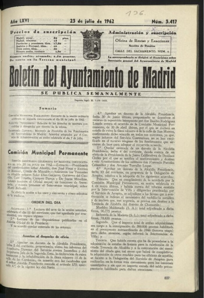 Miniatura de Boletín oficial del Ayuntamiento del 23 de julio de 1962, nº 3417