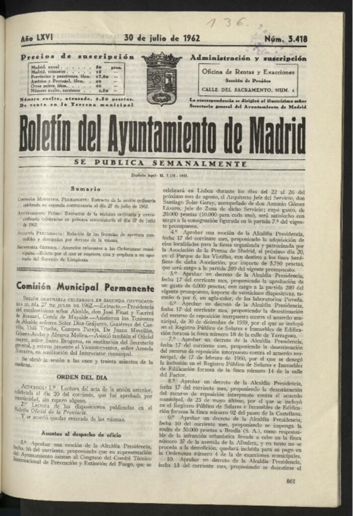 Miniatura de Boletín oficial del Ayuntamiento del 30 de julio de 1962, nº 3418