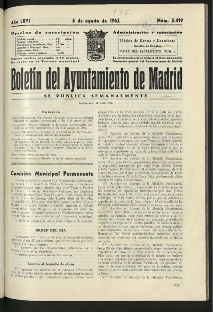 Miniatura de Boletín oficial del Ayuntamiento del 6 de agosto de 1962, nº 3419