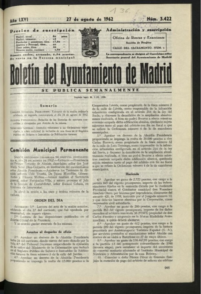 Miniatura de Boletín oficial del Ayuntamiento del 27 de agosto de 1962, nº 3422