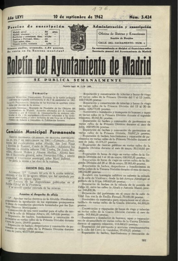 Miniatura de Boletín oficial del Ayuntamiento del 10 de septiembre de 1962, nº 3424