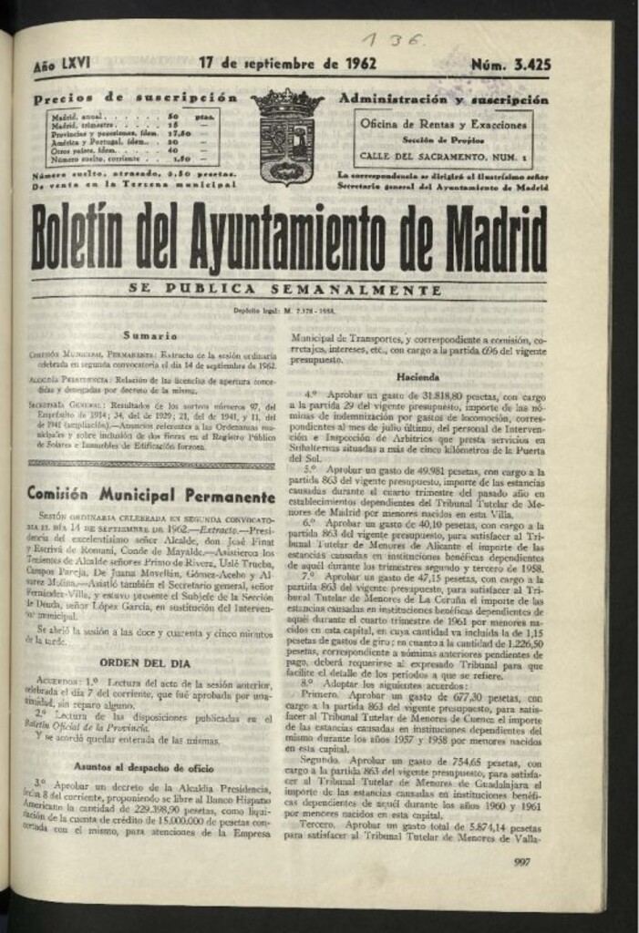 Miniatura de Boletín oficial del Ayuntamiento del 17 de septiembre de 1962, nº 3425