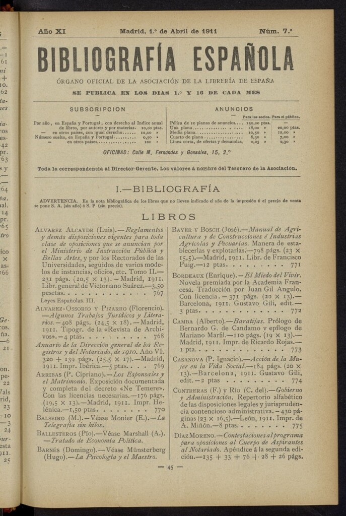 Miniatura de Bibliografía Española del 1 de abril de 1911