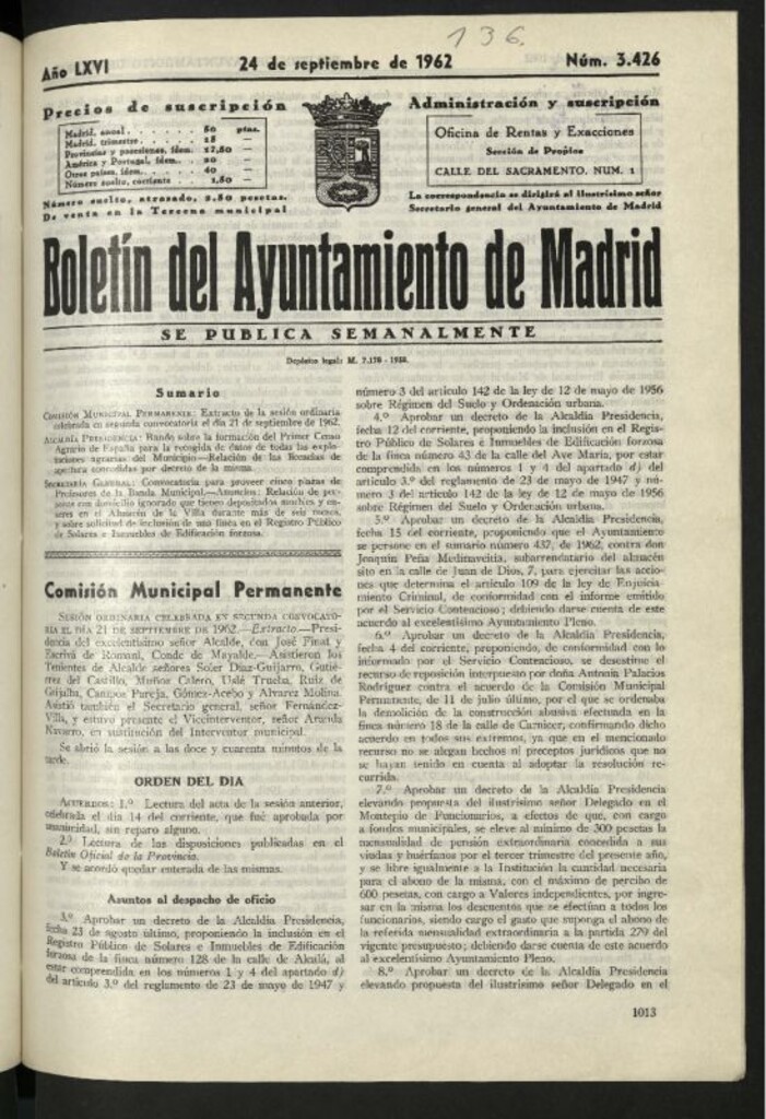 Miniatura de Boletín oficial del Ayuntamiento del 24 de septiembre de 1962, nº 3426