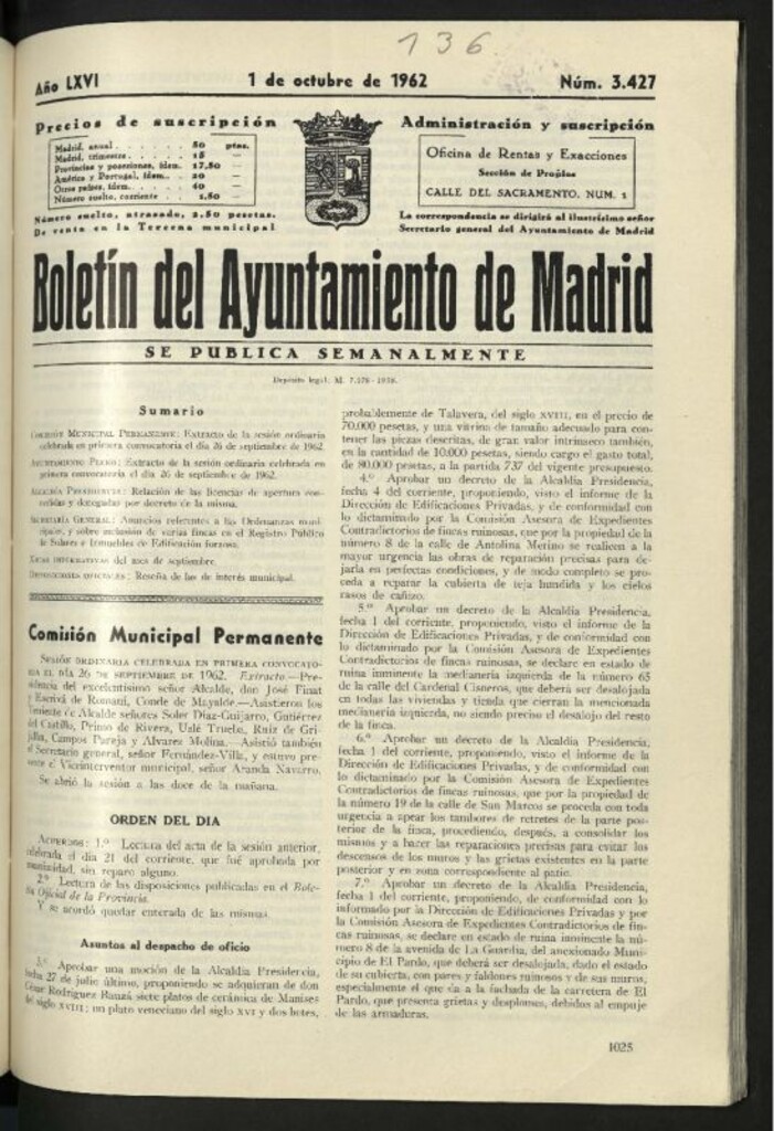 Miniatura de Boletín oficial del Ayuntamiento del 1 de octubre de 1962, nº 3427