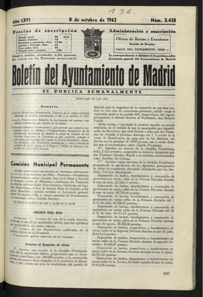 Miniatura de Boletín oficial del Ayuntamiento del 8 de octubre de 1962, nº 3428