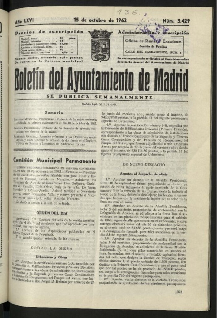 Miniatura de Boletín oficial del Ayuntamiento del 15 de octubre de 1962, nº 3429