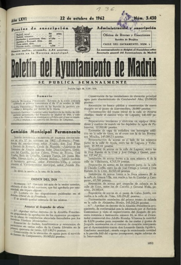 Miniatura de Boletín oficial del Ayuntamiento del 22 de octubre de 1962, nº 3430