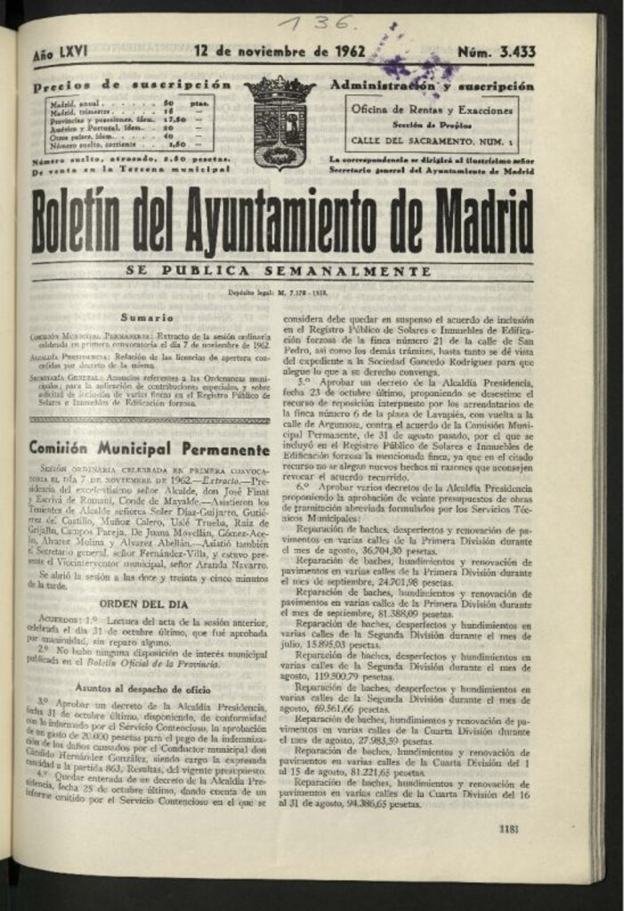 Miniatura de Boletín oficial del Ayuntamiento del 12 de noviembre de 1962, nº 3433
