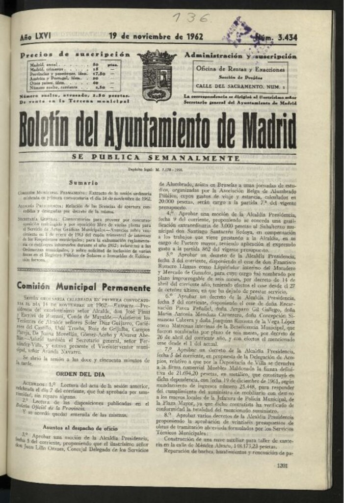 Miniatura de Boletín oficial del Ayuntamiento del 19 de noviembre de 1962, nº 3434
