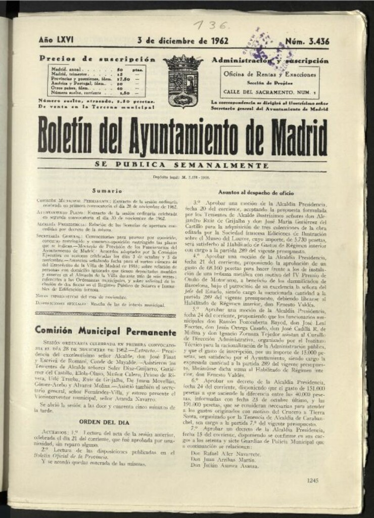 Miniatura de Boletín oficial del Ayuntamiento del 3 de diciembre de 1962, nº 3436