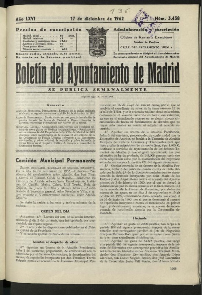 Miniatura de Boletín oficial del Ayuntamiento del 17 de diciembre de 1962, nº 3438
