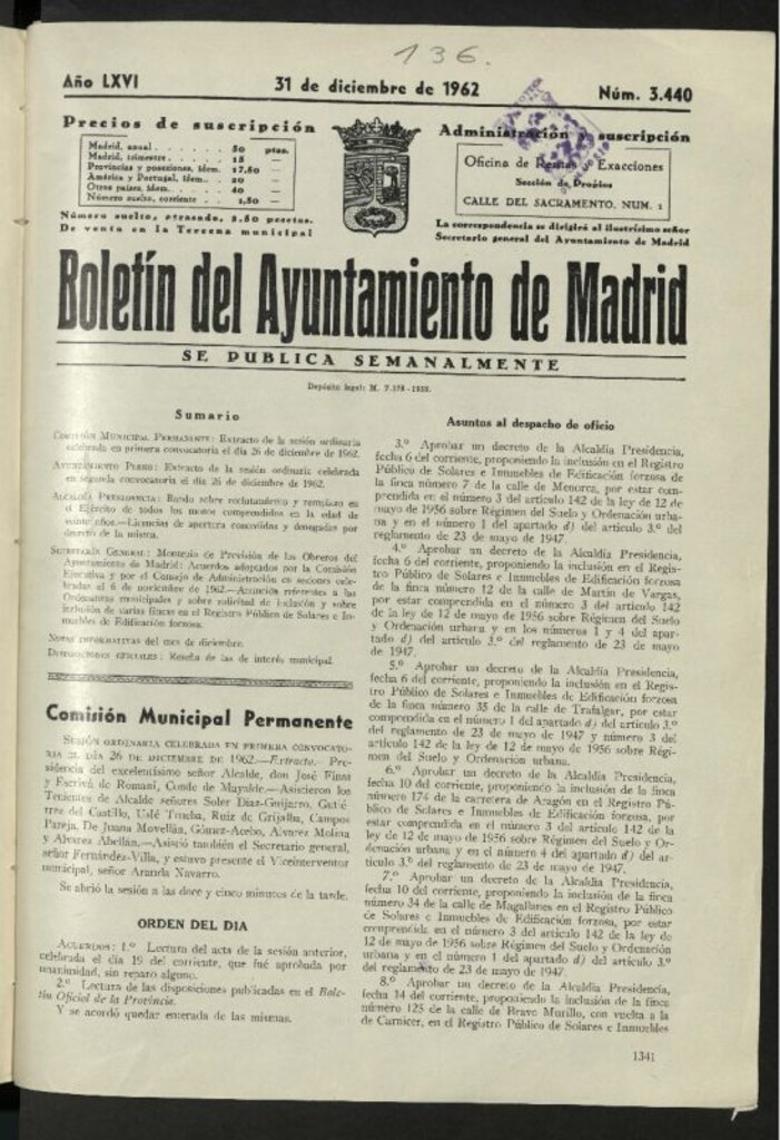 Miniatura de Boletín oficial del Ayuntamiento del 31 de diciembre de 1962, nº 3440