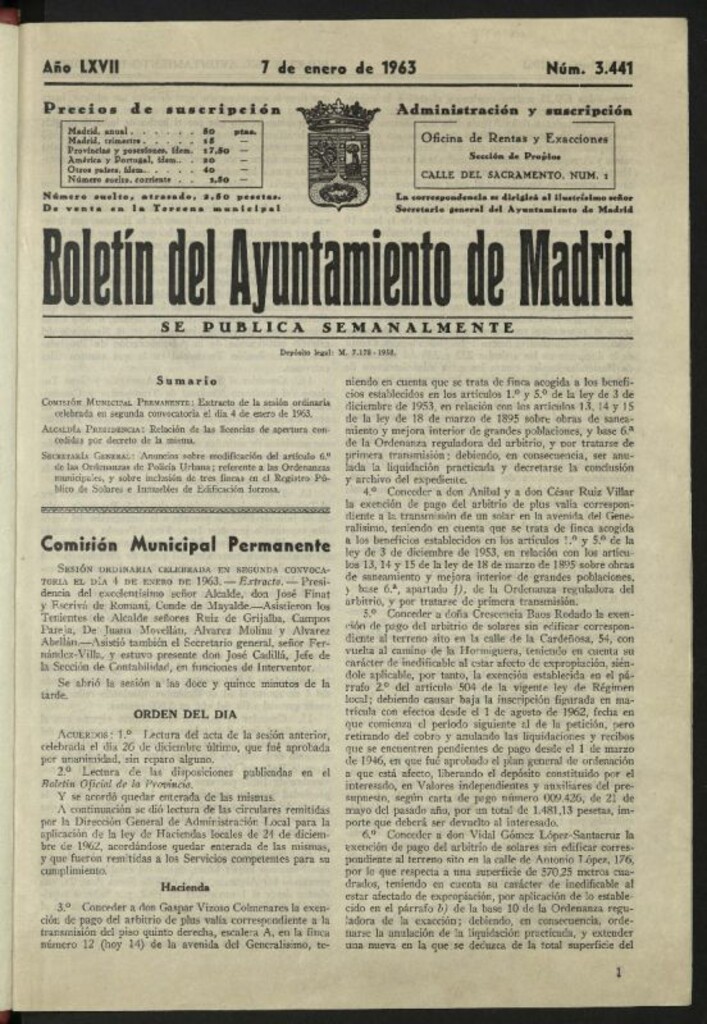 Miniatura de Boletín oficial del Ayuntamiento del 7 de enero de 1963, nº 3441