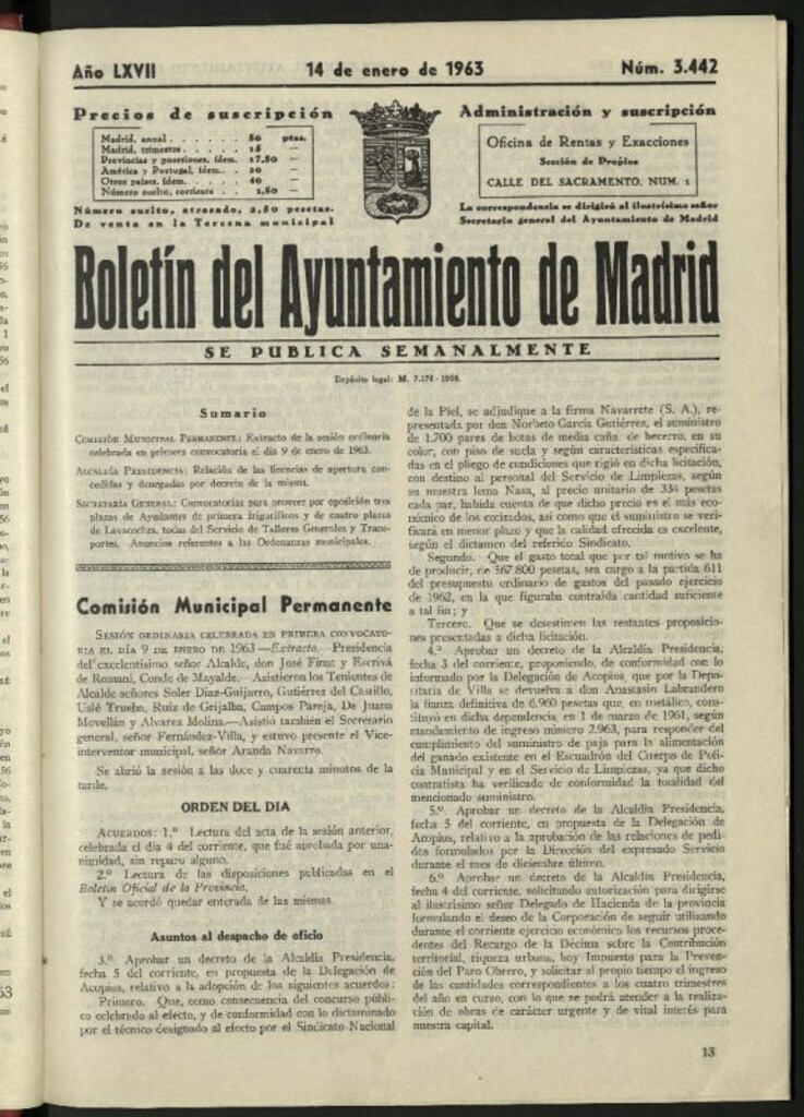 Miniatura de Boletín oficial del Ayuntamiento del 14 de enero de 1963, nº 3442