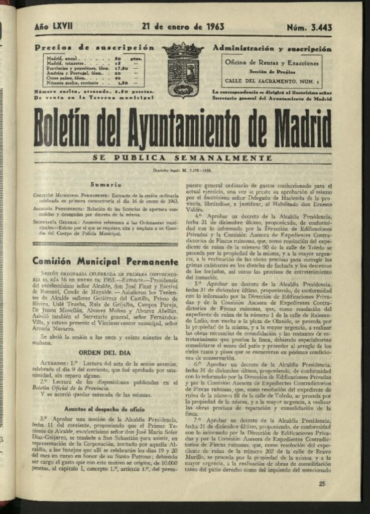 Miniatura de Boletín oficial del Ayuntamiento del 21 de enero de 1963, nº 3443