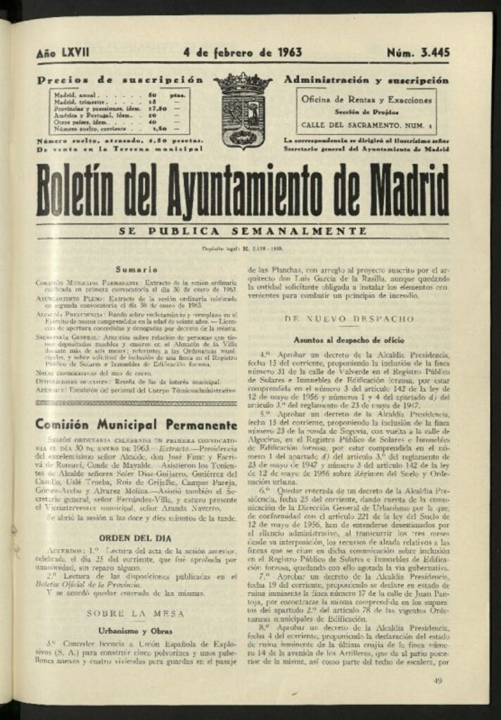Miniatura de Boletín oficial del Ayuntamiento del 4 de febrero de 1963, nº 3445
