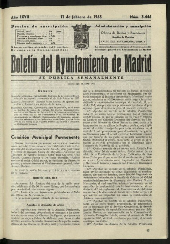 Miniatura de Boletín oficial del Ayuntamiento del 11 de febrero de 1963, nº 3446