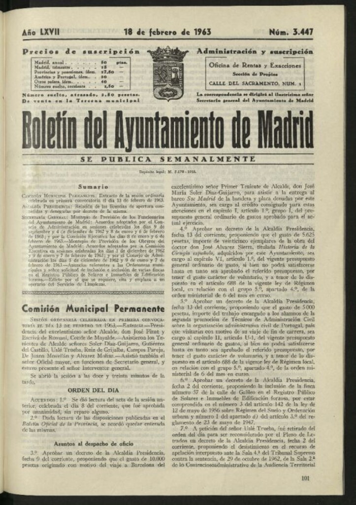 Miniatura de Boletín oficial del Ayuntamiento del 18 de febrero de 1963, nº 3447