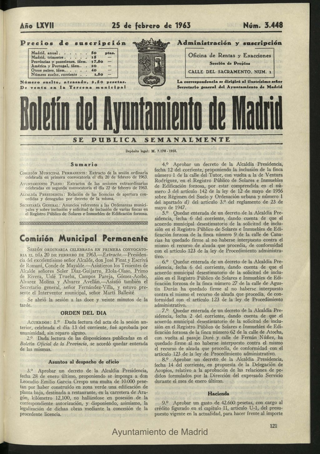 Miniatura de Boletín oficial del Ayuntamiento del 25 de febrero de 1963, nº 3448