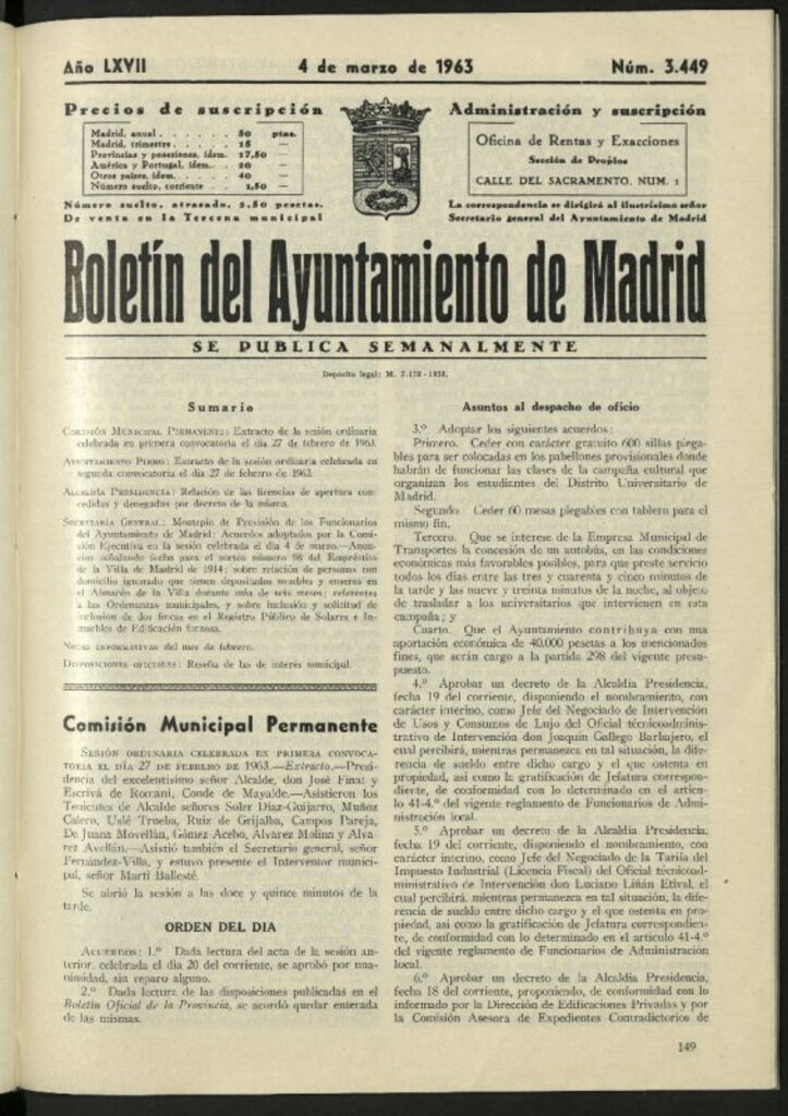 Miniatura de Boletín oficial del Ayuntamiento del 4 de marzo de 1963, nº 3449