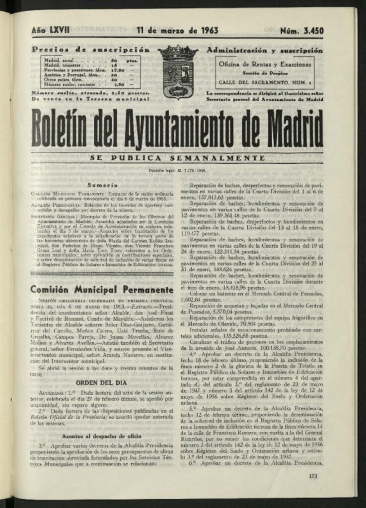 Miniatura de Boletín oficial del Ayuntamiento del 11 de marzo de 1963, nº 3450